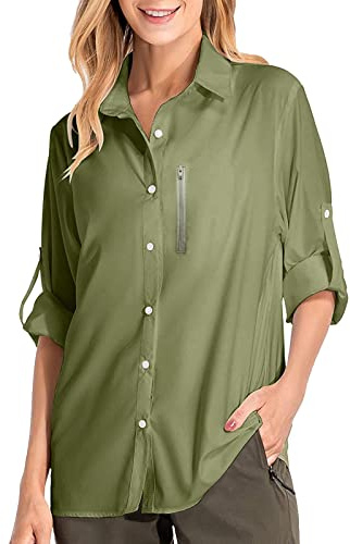 Long Sleeve Hiking Shirts Women, Women's Activewear Button-Down Safari Shirts Clothes UPF 50+ UV Protection Functional Fishing Shirts Travel Blouses for Women Climbing Camping Hunting Khaki