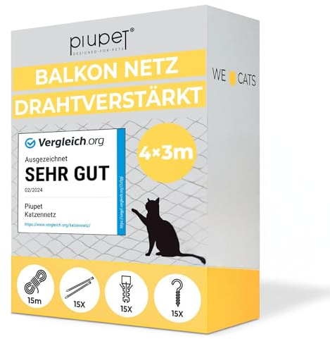 PiuPet Rete per gatti rinforzata in filo di ferro I 4 x 3 m I Verde I Kit di fissaggio Incluso I Rete per Gatto per Balcone | Griglia per Gatto