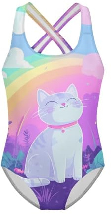 Jeiento Costume da Bagno per Ragazze con Simpaticissimo Gatto, Costume da Bagno in Un Pezzo per Bambina, Costume da Bagno Comodo e Elasticizzato per Spiaggia, Adatto per Surf e Sport Acquatici, 7-8