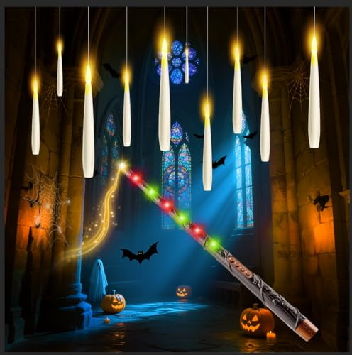 Besight 10 Stück LED Schwebende Kerzen mit Zauberstab Fernsteuerung, 2 Timer Funktionen, Batteriebetrieben, LED Hängende Flackernde Floating Candles für Halloween Deko Weihnachtsdekoration
