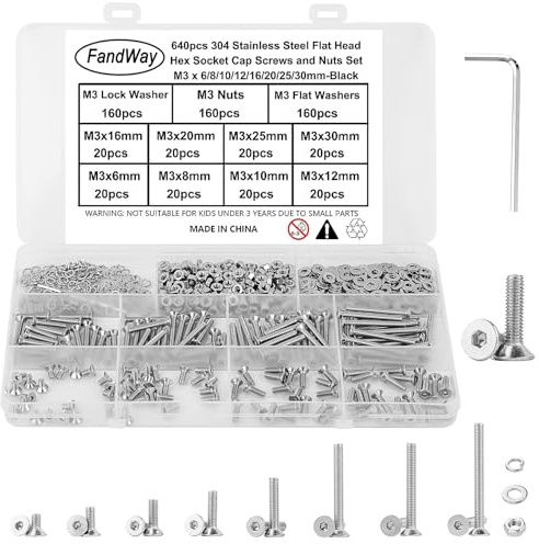 640 Pièces Boulon et écrous Rondelles Set,M3 Vis à Six Pans Creux Vis à Tête Fraisée Hexagonale DIN 7991,Vis à Métaux Tête Plate en Acier Inoxydable 304 Assortiment Kit Avec 1 Clés Allen.