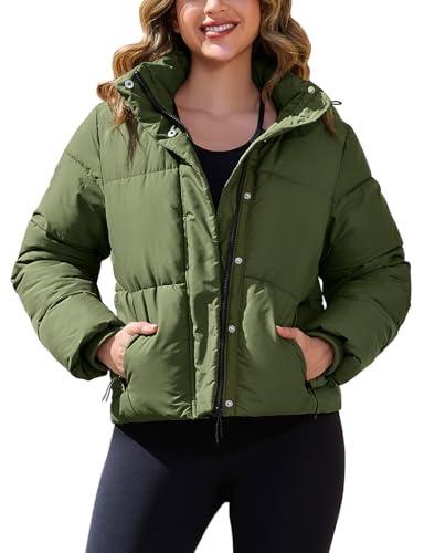 PEHMEA Women’s Cropped Puffer Jacket with Detachable Hood, Winter Warm Full Zip Up Down Coat(ArmyGreen-S)