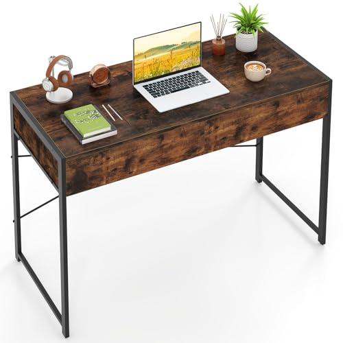 LIFEZEAL Scrivania in Legno per Computer con 2 Cassetti, Tavolo da Lavoro con Struttura in Acciaio, Scrivania per PC per Studio, Ufficio, Casa, Stile Vintage, 112 x 48 x 76 cm (Marrone Rustico)
