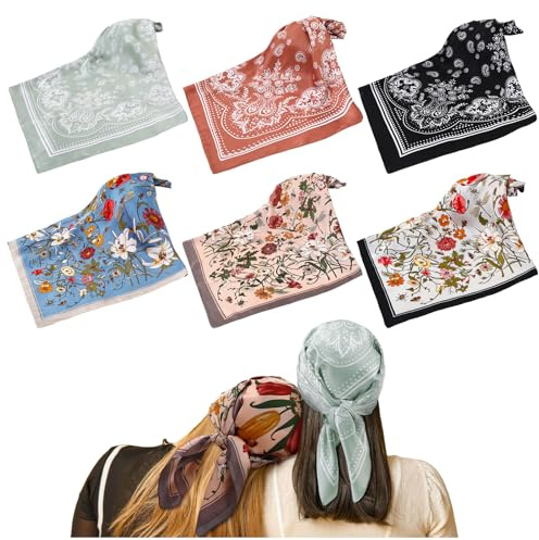 JATEBI 6 Pcs 27'' Square Head Scarves for Women Silk Like Lightweight Bandana Scarf with Paisley and Floral Patterns