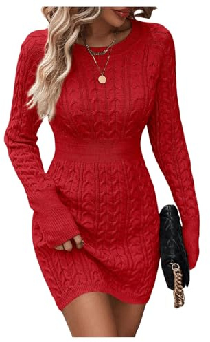 GORGLITTER Women's Knitted Jumper Dress Ladies Long Sleeve Bodycon Sweater Dress Fall Winter Pencil Mini Dresses Red L