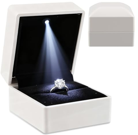 Ring Box with LED Light Ring Earring Case for Jewelry Display Gift Luxury Auto Lighted Up for Proposal Wedding Engagement Anniversary Couple for Ring up to 2.3 cm (White, Square 6× 6.5 ×5 cm)