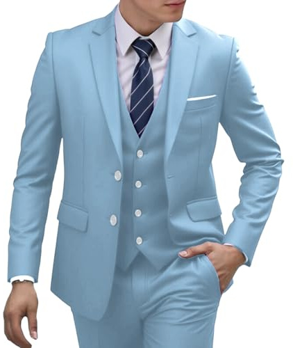 Herrkostymer herr affärskostym set slim fit blazerbyxor formell bröllop värd prestanda outfit, Himmelsblått, XL