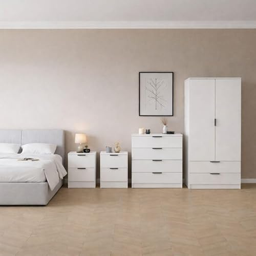 Vida Designs Trega 4 Piece Bedroom Set (2 Drawer Bedside Chest x2, 4 Drawer Chest, 2 Door 2 Drawer Wardrobe) White