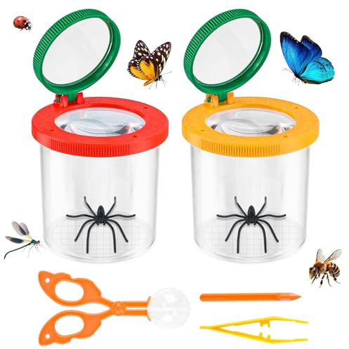 2 Piezas Caja de Insectos de Aumento, Lupas de Vaso para Niños, con Palito de Teaser, Pinza y Abrazadera de Bola, Visor de Insectos de Bicho Lupa Niños de 3 a 6 Años, Kit Explorador