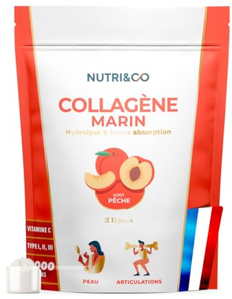 NUTRI&CO Collagène Marin Types 1, 2 et 3 & Vitamine C | Goût Pêche | 15 jrs