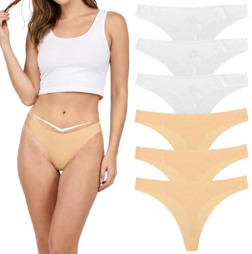 KAKALATLJ 6 Pack Seamless Thongs for Women, No VPL Breathable Stretch Underwear Women, Low Rise Sexy Ladies Knickers, No Show Ladies Sports Underwear Panties