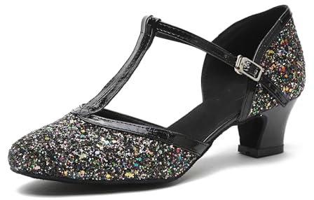 MINITOO Women's T-Strap Flared Heel Black Glitter Latin Ballroom Dance Shoes Party Pumps UK 6