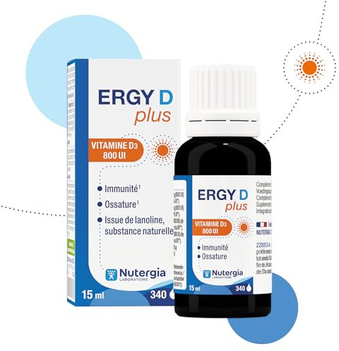 Nutergia – Vitamine D3 800 UI – Défenses immunitaires, ossature et besoin important d’un apport en vitamine D – Complément alimentaire – Flacon compte-gouttes 15 ml – Fabrication Française