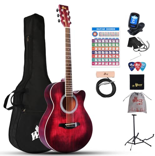 Winzz Akustikgitarre Rot, Westerngitarre 40 Zoll, Gitarre Anfänger Set mit Gitarre Tonabnehmer, Gitarrenständer, Gitarren Plektrum, Gitarrengurt, Gitarrenstimmgerät, Gitarrentasche