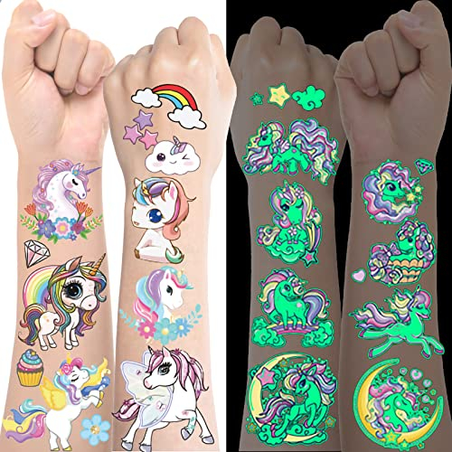 Einhorn Tattoo Kinder Glitzer, 150+ Hautfreundlich Leucht Kindertattoos, Spielzeug Geburtstag Mitgebsel Kindergeburtstag Geschenke Mädchen ab 4 5 6 7 8 9 Jahre, Einschulung Geschenk Schultüte Füllung