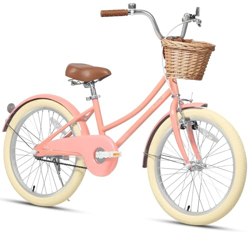 Glerc Little Molly 20 Inch Kids Bike, Retro Cruiser Girls Bike for Children Ages 7-13 Years Old, ‎Kids Bicycle with Wicker Basket & Kickstand, Peach