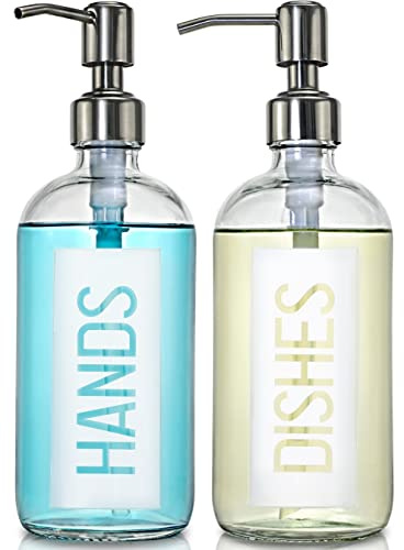 JASAI 2-pack 530 ml tvåldispenser i glas med rostfri pump i 304 rostfritt stål, kökstvåldispenser med händer och tallrikar, etikett, påfyllningsbar disktvåldispenser för kök (vit)