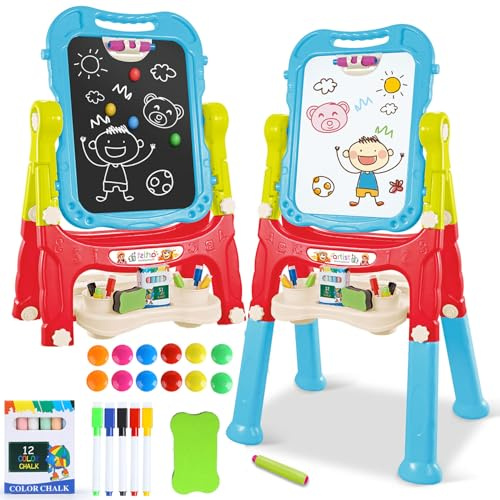 Caballete artístico para niños, pizarra magnética de doble cara y pizarra con accesorios de pintura, caballete giratorio, regalo para niños y niñas