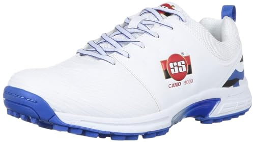 SS Rubber Spikes Professional Cricket Shoes for Men (White/Blue) Size EU 40