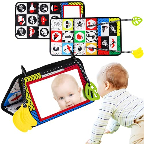 TYFYH Baby Spiegel mit Knisterbuch, Spielzeug 0-9 Monate, Faltbarer Baby Spiegel Spielzeug, Kinderspiegel Spielzeug mit Schwarz Weiß Kontrastmuster für Neugeborenen Geschenk