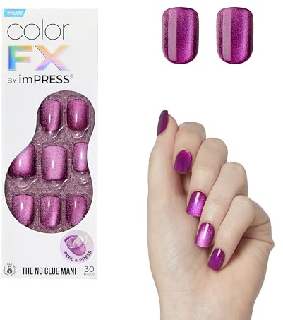 KISS imPRESS – Ongles à presser sans colle, couleur FX, niveaux, rose foncé, taille courte, forme carrée, comprend 30 ongles, tampon de préparation, instructions (français non garanti), 1 bâton de