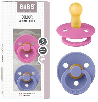 BIBS Colour Soother 2-Pack, BPA Free Dummy Pacifier, Round Nipple. Natural Rubber Latex, Made in Denmark, Size 2 (6-18 Months), Bubblegum/Peri
