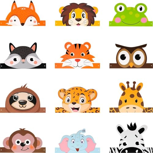 CMANLNYK 24Pcs Animal Party Hats for Kids - Jungle Theme Party Headband, Jungle Safari Birthday Paper Crown for Children Animal Decoration, for Birthdays Christmas Festive Celebrations
