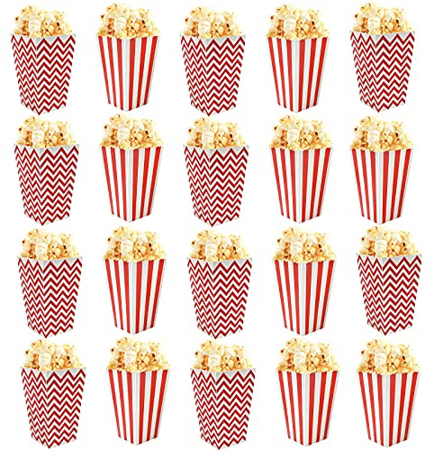 Dokeno 20 Pezzi Rosse & Bianche scatole per popcorn, Secchielli per Popcorn di Carta, Contenitori per Popcorn per Feste di Compleanno, Serate di Cinema, Ecc. - Righe & Onde, 7 x 5 x 11,5 cm