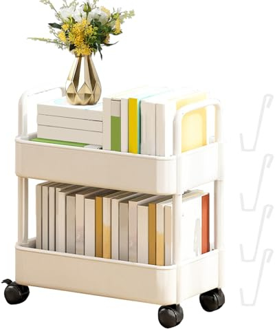 37x25x43,5cm Carro De Estantería Móvil Con 4 Ganchos - Carrito Libros Móvil, Estantería Organizadora Móvil Para Niños, Estantería Móvil Para Libros Con Ruedas, 2 Niveles Estante Almacenamiento Móvil