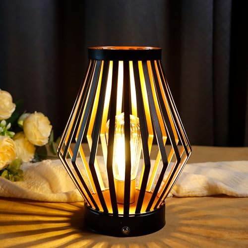 JHY DESIGN Dimmable Touch Table Lamp 20cm H Rechargeable Metal Cage Lantern | 20cm rechargeable touch lamp with dimmable LED Edison bulb, metal cage design for bedside, patio, wedding and party decor