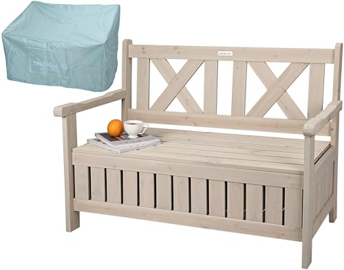 needs&wants® Gartenbank Holz wetterfest mit Stauraum und Abdeckung, 2-Sitzer Truhenbank Holzbank klassisch, Parkbank Sitzbank massiv Garten Outdoor mit Truhe, Naturholz Massivholz, grau-beige