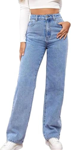 Avanise High Waist with Straight Leg,Wide Woman,Women's Straight Leg Jeans,High Waisted Stretchy Wide Leg Denim Pants with Patch Pockets (Color：Blue，Size：L)