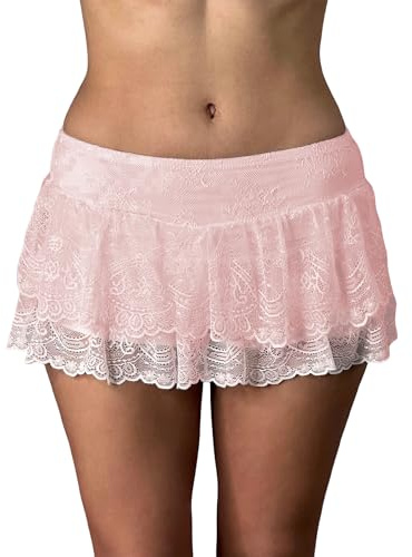 FeMereina Women Y2k Lace Slip Skirt Low Rise Pleated Mini Skirt A-line Tiered Flowy Ruffle Half Slip Short Skirt Streetwear (Pink, S)