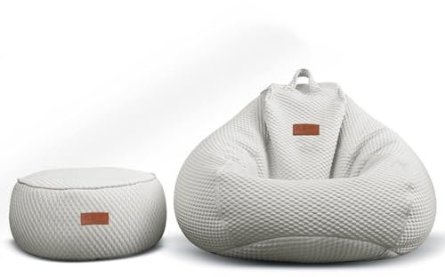 Sitzsack Bezug - Sofa Überzug, Sitzsackbezug (ohne Füllung), Loungesessel, Eisseidenstoff Mit Reißverschluss, Memory Foam Sack, Sitzsack-Ersatzbezug, Für Erwachsene Und Kinder(Blanco,100*130cm)