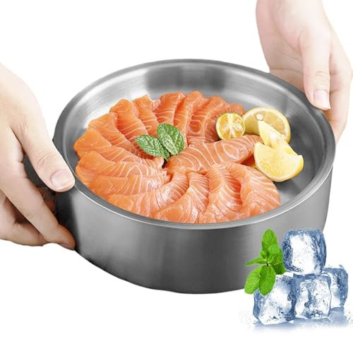 Dip bol refroidisseur, 8,46*8.46*2.6in 304 Salade en acier inoxydable | Plats de service en plein air bols de glace pour salade, sauce, nourriture, plateaux à boissons, bar