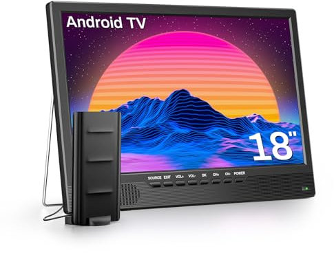 Desobry 18 Inch Smart TV, Android Portable Small TV with Youtube Netflix, Outdoor TV with DVB-T2 Tuner Antenna, Built-in Stand, HDMI AV USB Input, 12V for campervan/kitchen/camping/RV (No battery)