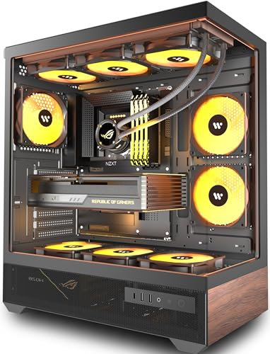 PCZZOI PC CASE ATX 5 PWM ARGB Fans Pre-Installed, Mid Tower Computer Case with Full-View Tempered Glass, Type-C,Printed Walnut Wood Panels,Support 360mm Radiator,Black Gaming Case (P6)
