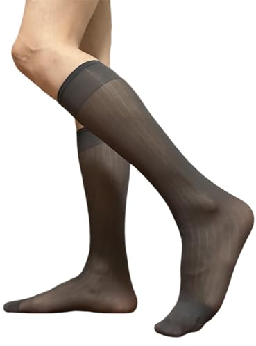 Haiki Mens Nylon Sheer Suit Socks Business Dress Socks Elastic Wide Stripe See Through Formal Dress Over the Calf Stockings