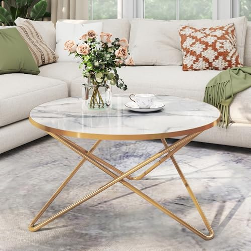 MROJISC Coffee Table, Round Coffe Table with Marble Effect Tabletop and Gold Metal Frame, White Coffee Tables for Living Room, Bedroom