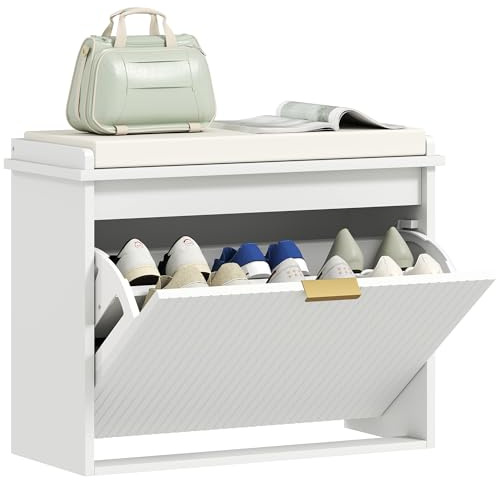 HOMCOM Banc à Chaussures Meuble à Chaussures avec Coussin d'assise rembourré et tiroir Rabattable, Banc d'entrée pour Couloir, Chambre, 62 x 26 x 47,5 cm, Blanc