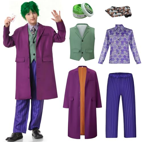 BuzzoXerex Costume Joker Enfant, Costume Horror Clown Enfant Vestito Horror Joker Ragazzo Halloween Clown Bambino con Cappotto Viola, Camicia Stampata, Gilet, Pantaloni, Cravatta per Halloween (L)