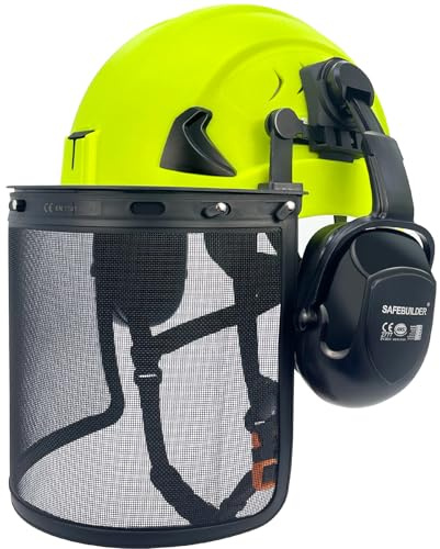 SAFEBUILDER Casco de seguridad tipo 2 para forestal, protección para la cabeza, forro de espuma ventilado para exteriores, industrial, aprobado por ANSI (G2C-verde + protector facial de malla)