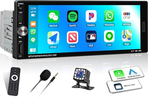 OiLiehu Single Din Car Stereo with Wireless CarPlay Android Auto, 6.9 IPS Touchscreen, 1 Din MP5 Multimedia Player with Mirror Link, Bluetooth 5.2, FM, USB, Type-C Charge, EQ, SWC, Backup Camera