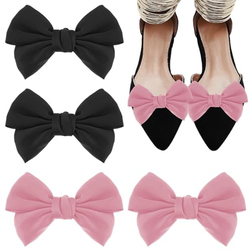 SYEYCW 4 Piezas Clips para Zapatos, Clips Elegantes para Zapatos con Lazo, Hebillas para Zapatos con Lazo de Cinta Extraíble, Adorno Zapatos, para Mujer Pisos Deportivos, Bodas, Fiestas, Tacones Altos