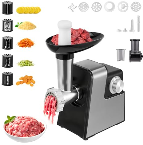Tritacarne Elettrico 2800W, Multitritatutto con Tagliaverdure e Grattugia per Formaggio, Mandolina con 5 Accessori, Insaccatore e Set per Polpette, Robot da Cucina per Tritare Tagliare Grattugiare