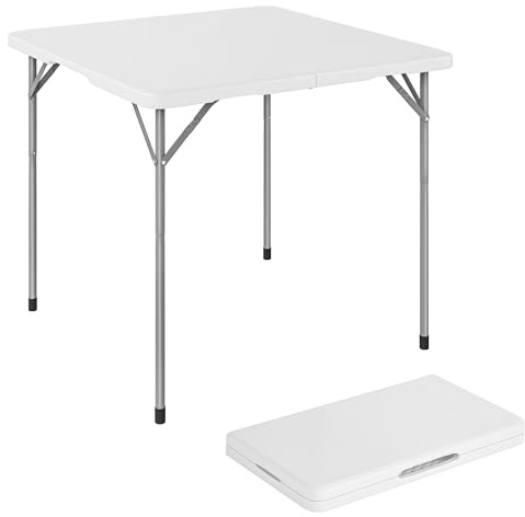 Outsunny Tavolo da Campeggio Pieghevole Quadrato, Tavolino da Esterno Richiudibile con Telaio in Metallo e Piano in HDPE, per Giardino, Terrazzo, Pic Nic, 86x86x74 cm, Bianco