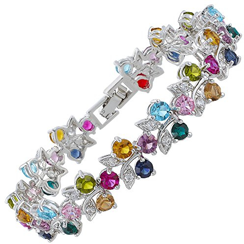 RIVA Tennis Armband [18cm/7inch] mit Rundschliff Edelstein Zirkonia CZ [Mehrfarbig] in 18K Weißgold Vergoldet, Einfache Moderne Eleganz