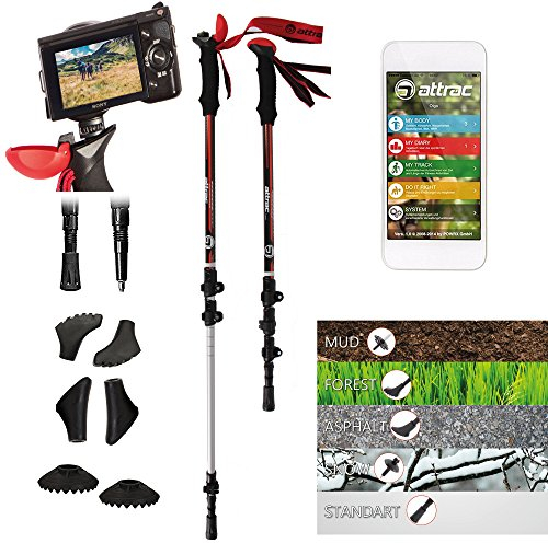 ATTRAC Teleskop Wanderstöcke mit Stativ I Trekkingstöcke Carbon Ultra leicht für Fotos I Verstellbar zwischen 66-160 cm I Inkl. GRATIS Nordic Walking Fitness App