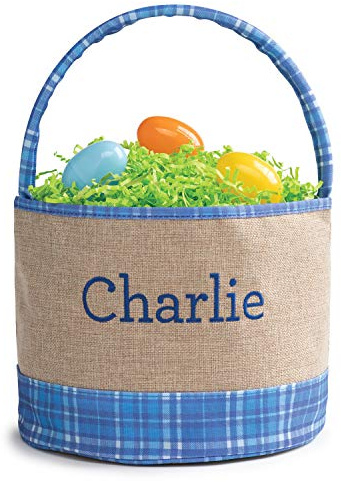 Personalized Easter Bucket Bag with Custom Name | Plaid Burlap Easter Bag with Handle | Egg Basket for Kids | Customized Easter Basket | Great for Book and Toy Storage (Blue Name)