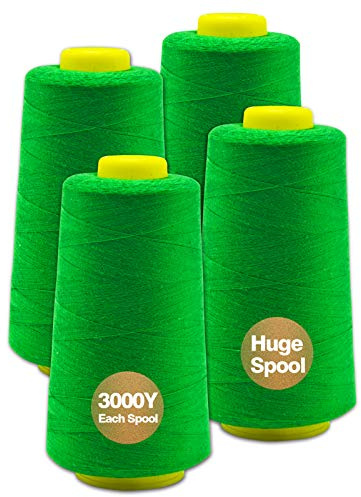 Green Serger Thread, All-Purpose Thread for Sewing, Polyester, 4 Cones of 3000 Yards Each Spool for Sewing Machine